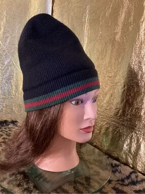 Gucci Navy Beanie with Green and Red Stripe